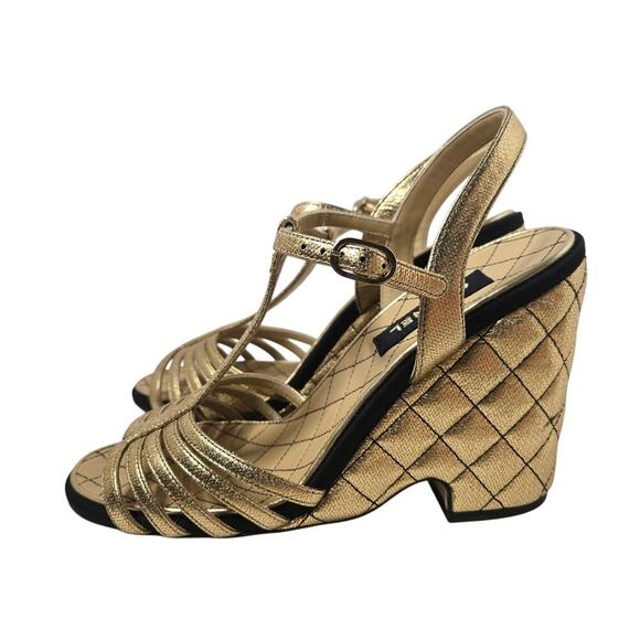 Chanel  Laminated Goatskin Quilted Wedge Sandals Size 38 - Picture 2 of 13